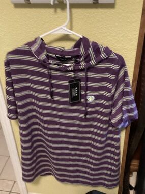 Men's Purple Striped Short-Sleeve Hoodie with Light Green Accents